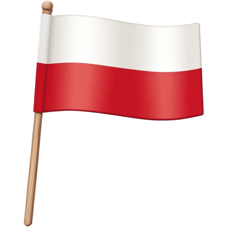 "A simple Polish flag on a wooden stick, waving slightly in the wind. The flag has two horizontal stripes: white on top and red on the bottom. The stick is light brown, made of wood, and slightly tilted to the right. The background is plain white emoji