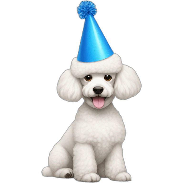 White poodle wearing a blue party hat emoji