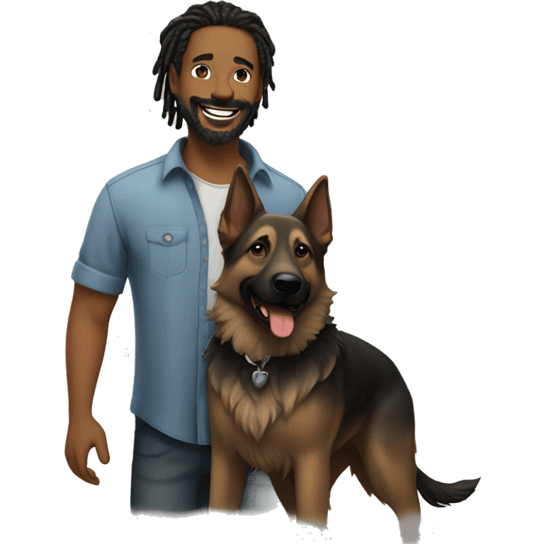 man with dreadlocks, mustache and goatee expressing joy dressed in a shirt alongside a dark brindle colored german shepherd dog emoji