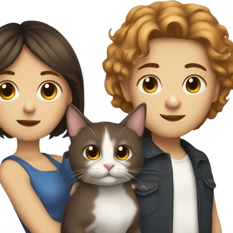 Brunette girl and boy with their cat emoji