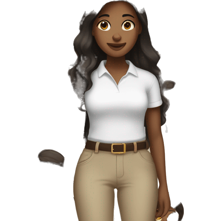 brown skin girl with long dark brown hair and side part with classes and brown eyes wearing a white shirt emoji