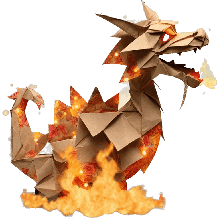 Charred flaming fiery Beige Origami dragon made of newspapers on fire letters on fire burnt paper surrounded by fairy lights swirls covered in dried flowers bokeh floral flowers fire flames emoji