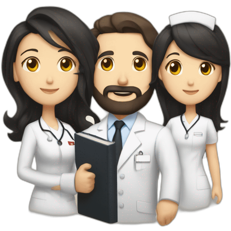 husband american 55 dark hair trimmed beard business suit pastor holding bible, wife asian age 55 black shoulder length hair wearing nurse, no children emoji