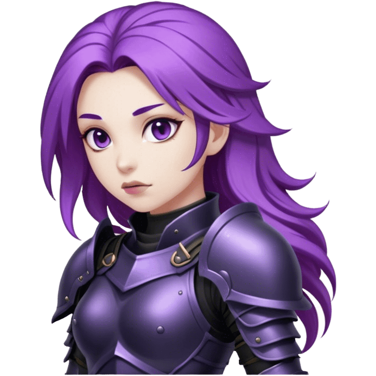 A mysterious warrior girl with flowing purple hair, dressed in black armor. emoji