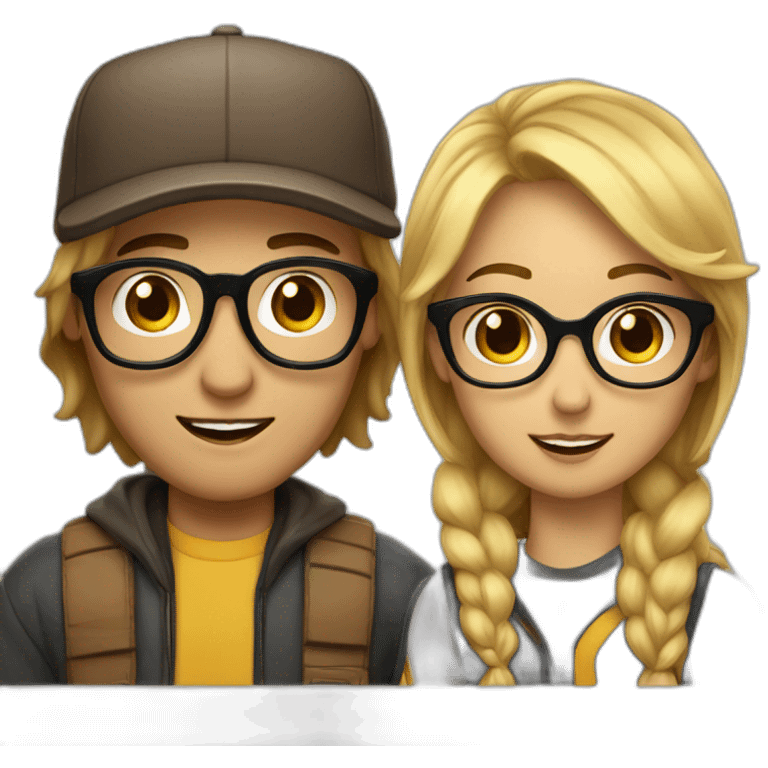 A Women with brown midlong Hair and glasses in Love with a blond Man with gold glasses and a baseballcap emoji