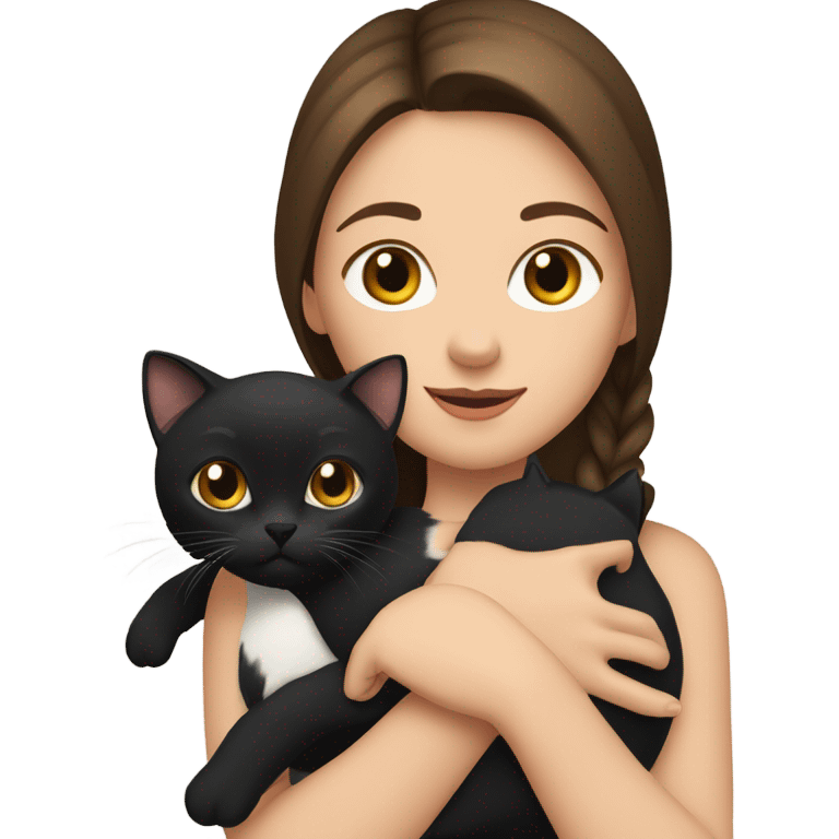 Brunette white girl holding a calico cat and a black cat emoji