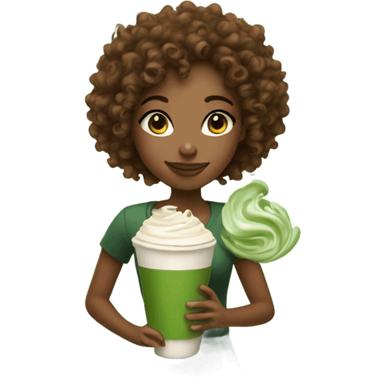 curly hair girl holding matcha latte  emoji