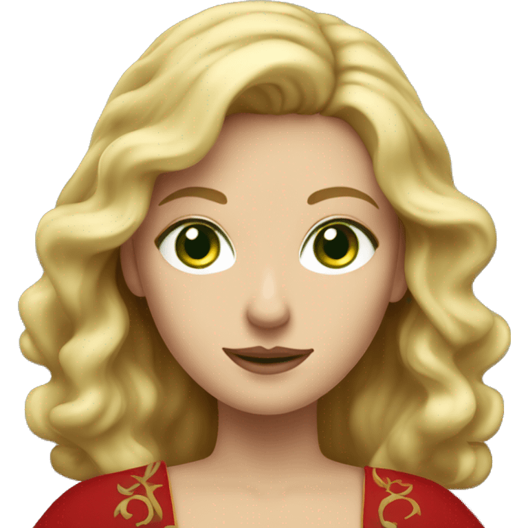 woman with wavy blonde hair, green eyes and red medieval dress  emoji