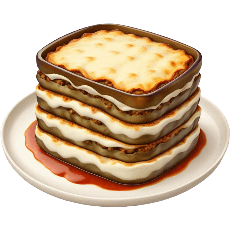 Cinematic Realistic Moussaka Dish Emoji, depicted with layers of eggplant, minced meat, and b√©chamel sauce rendered with rich textures and warm, inviting lighting that captures its Mediterranean flavor. emoji