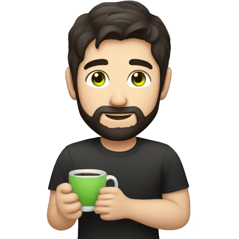 Handsome man with dark hair, holding an cup of coffee, gradient short hair on the side, green eyes. Thin face. Black t-shirt. A little beard. emoji