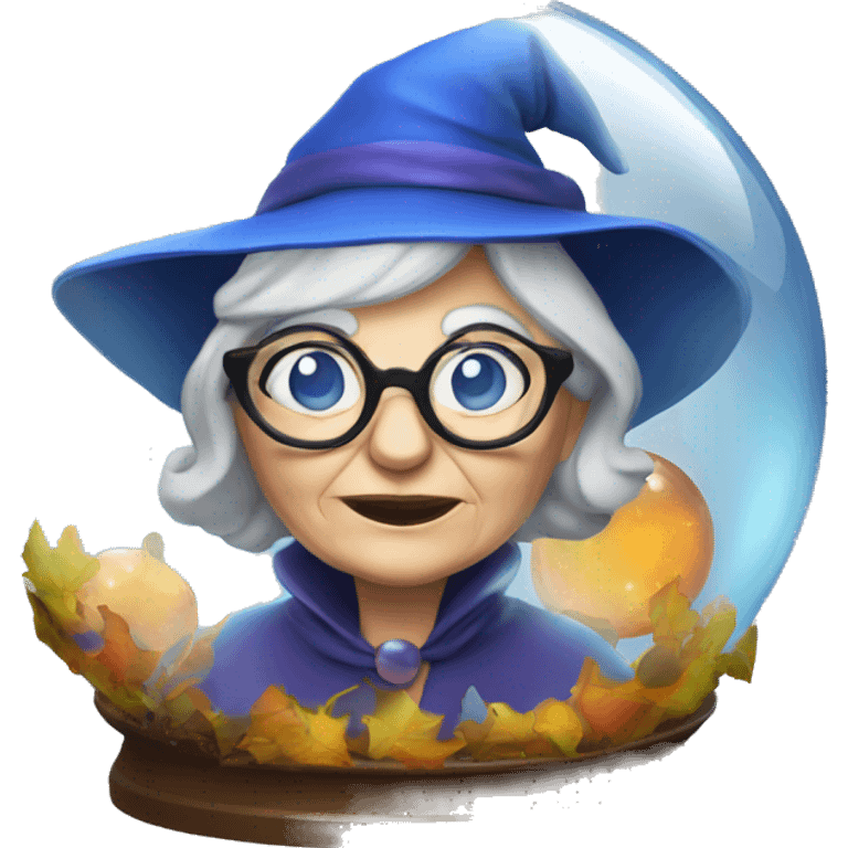 smart granny witch with glasses and blue hat in crystal ball emoji