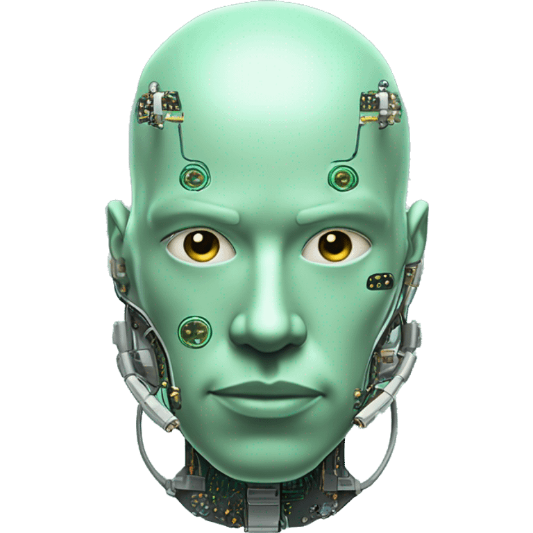 Pastel green bald male cyborg head with goatee and circuitry emoji