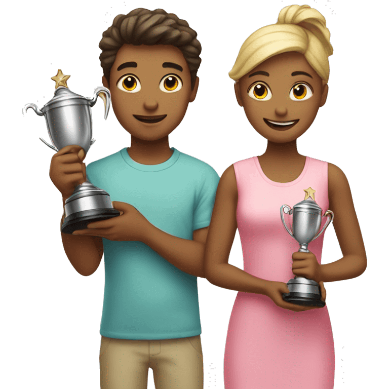 boy and girl holding trophy emoji