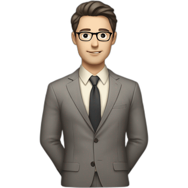 Full height Pale skinned Fit Man With dark brown hair in classic gray suit, beige office shirt, dark gray tie, and vintage glasses. His hands lock emoji