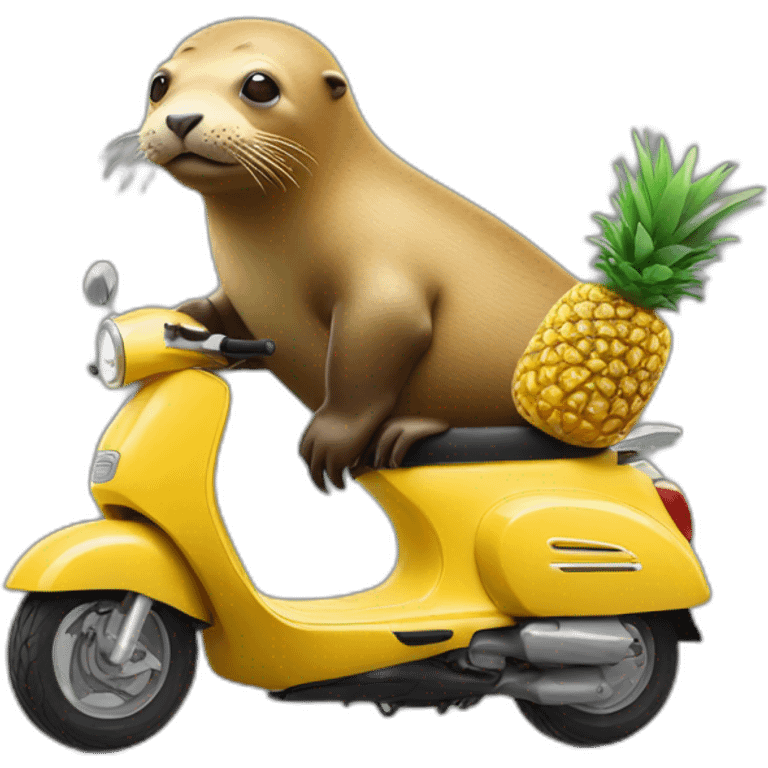 sealion eating a pineapple riding a moped emoji