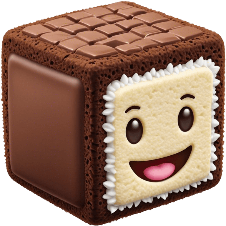 Cinematic Realistic Lamingtons Dessert Emoji, depicted as soft sponge squares coated in chocolate and coconut rendered with mouth‚Äêwatering detail and vibrant lighting. emoji