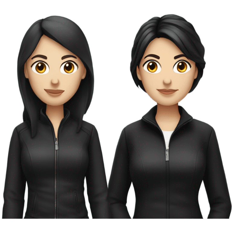 two caucassian woman with black jackets. One has black hair the other one has brown hair and is slightly shorter then the woman with black hair emoji