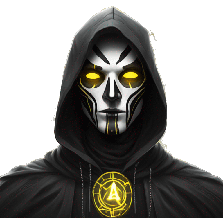 A digital painting of a SPECTRE, cyberpunk man with glowing yellow eyes and black and white face paint, wearing a dark hooded cloak, portrait, intricate details, silver ornate circular frame emoji