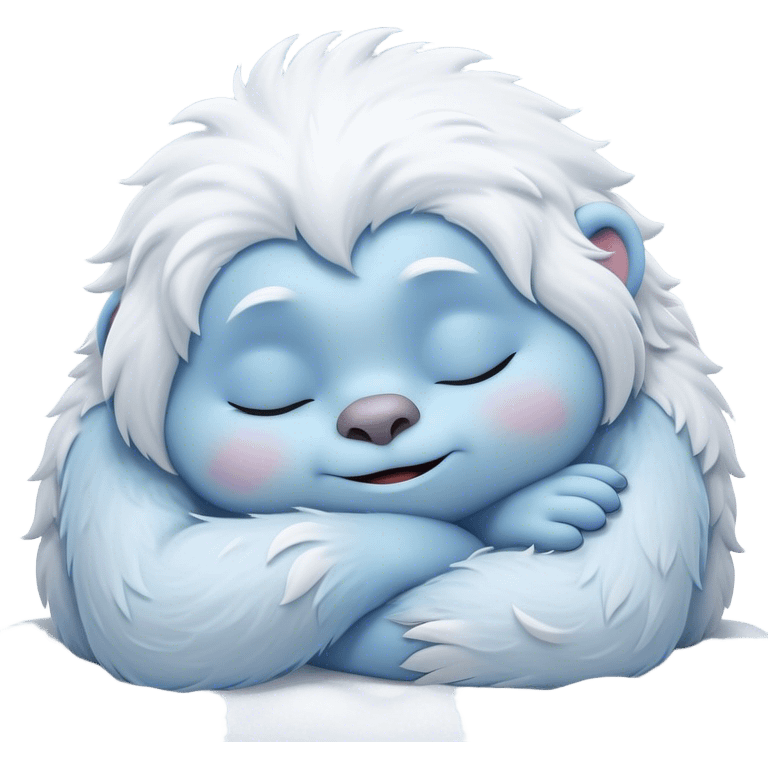 Meme-Worthy Cute Sleeping Yeti Portrait Emoji, with a charming, fluffy, snow-dusted figure in gentle whites and cool blues, head resting in blissful, serene slumber with closed, peaceful eyes and a small, contented smile, simplified yet irresistibly adorable, highly detailed with a soft frosty outline that captures the tender drowsiness of a yeti drifting into snowy dreams! emoji