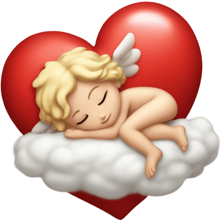 Realistic Photo of pale cupid asleep on a big cushioned heart emoji