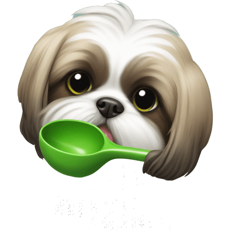 Shihtzu biting a green spoon emoji