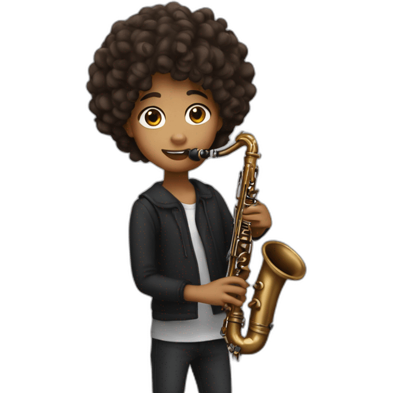 Dark, curly wavy haired 17 year old playing the clarinet emoji