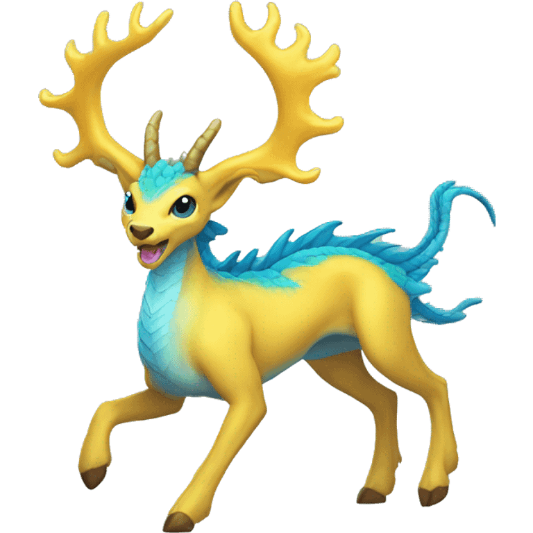 blue dragon deer hybrid with a yellow mane running emoji