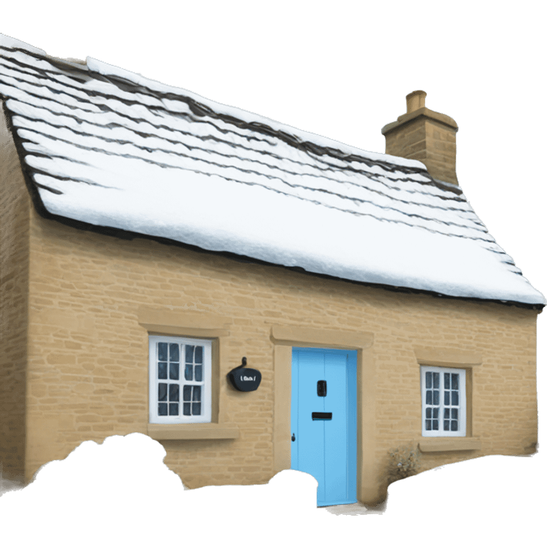 Snowy stone cotswolds cottage with sky blue door  emoji