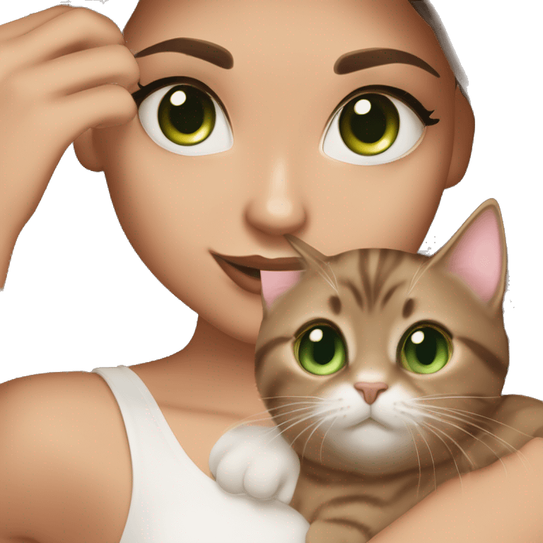 A girl with green eyes and dark brown straight hair, and makeup nude lipstick  and eyelashes, slightly tanned, oval light pink fingernails ,white top, holding a dark brown tabby cat with green eyes  emoji