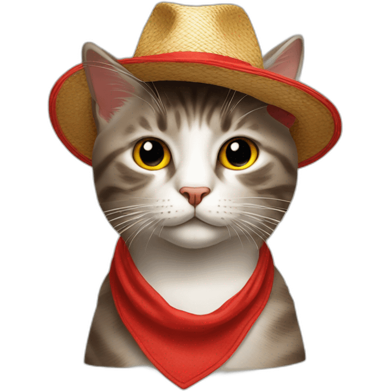 a cat with a red straw hat and a red bandana emoji