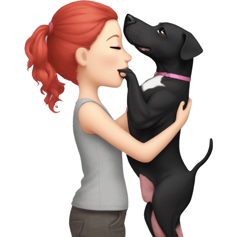 Girl with red hair kissing big black pitbull dog, pink hearts emoji