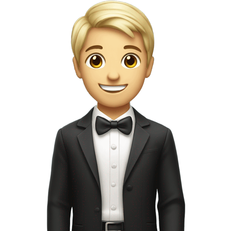 smiling boy in formal attire holding soda emoji