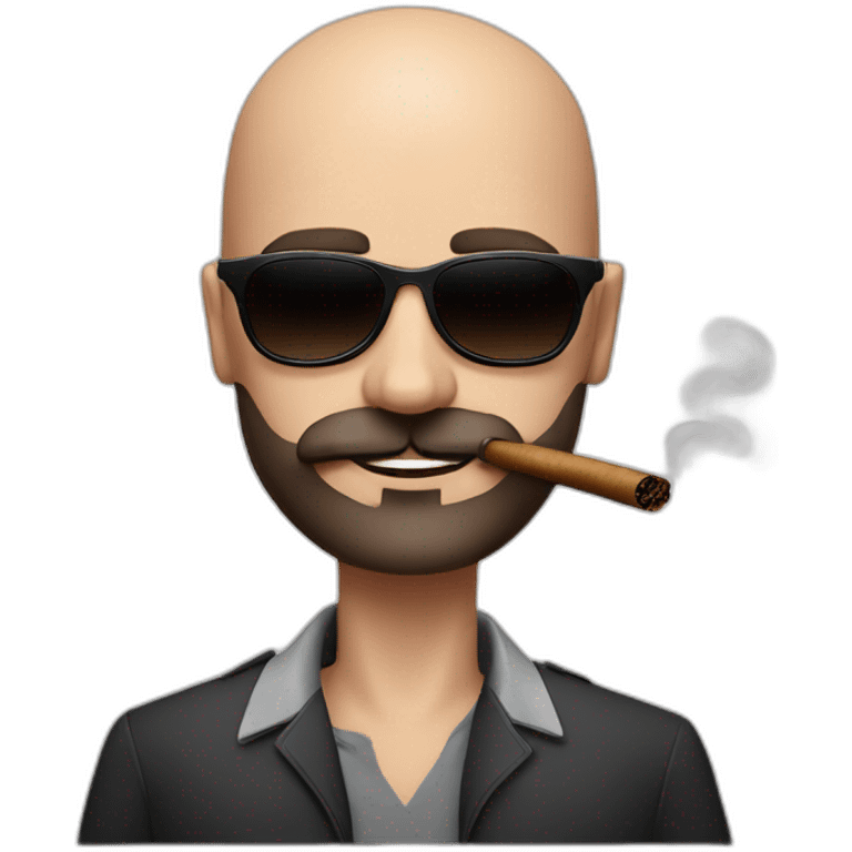 Andrew Tate, bald, small beard and mustache, sunglasses, smoking a tobacco cigar, Andrew Tate's appearance is serious emoji