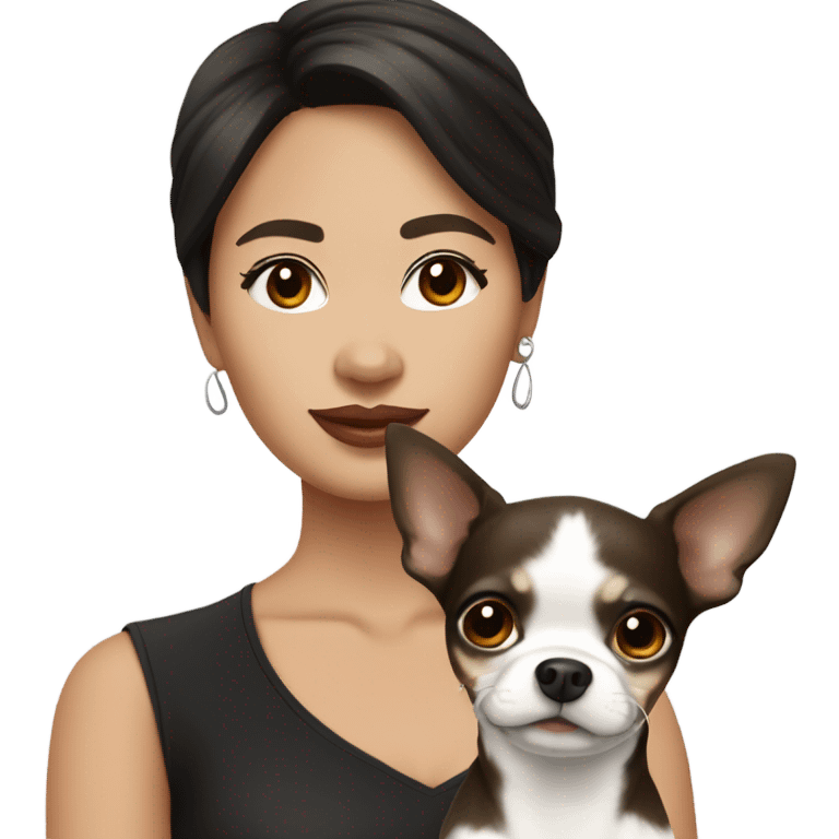 Wavy dark brown short hair Filipino lady with black and white Chihuahua  emoji