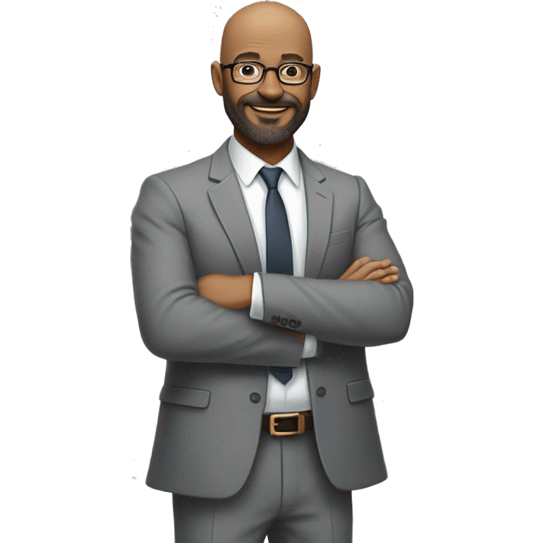 A middle-aged man with glasses, beard, and bald head, wearing a gray suit jacket and white shirt, standing confidently with hands clasped, smiling against a plain, neutral background emoji