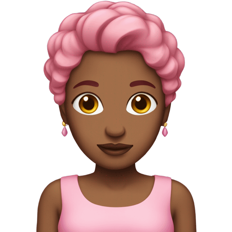 Woman with brown skin, brown eyes and pink hair wearing a pink dress emoji