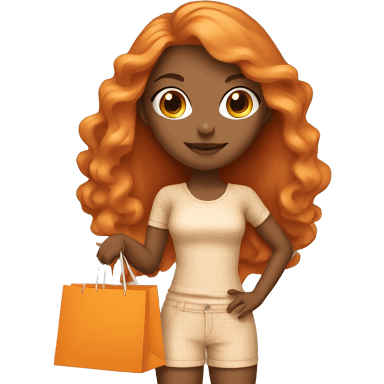 Tan girl with long orange hair wearing cute outfit holding shopping bags emoji