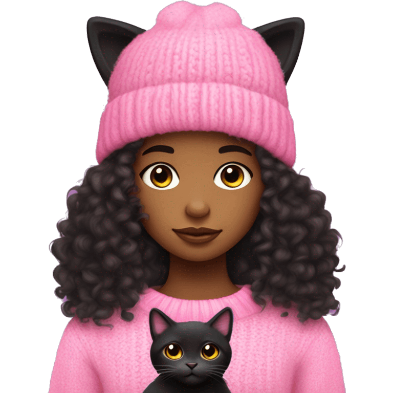 A black light skinned teenager girl with Long curly hair wearing a pink knit sweater and pink hat. The girl is holding a black fluffy cat emoji