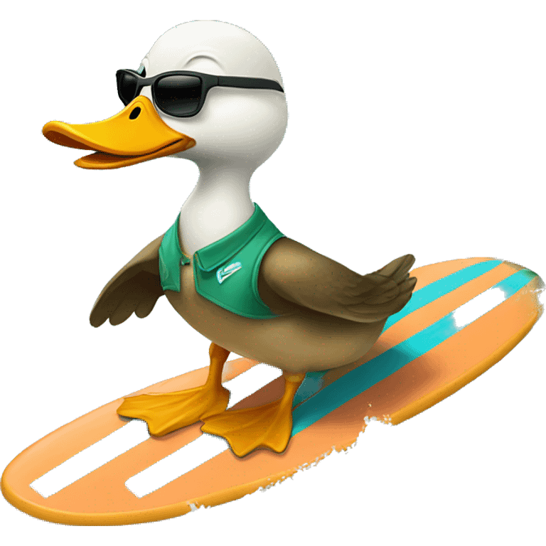 a duck who wearing sunglasses and on a surfing board emoji