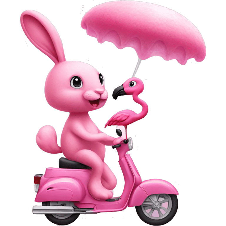 pink bunny and pink flamingo riding pink cotton candy emoji