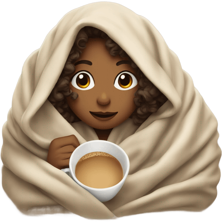 girl with curly hair inside a blanket sipping coffee eyes closed emoji