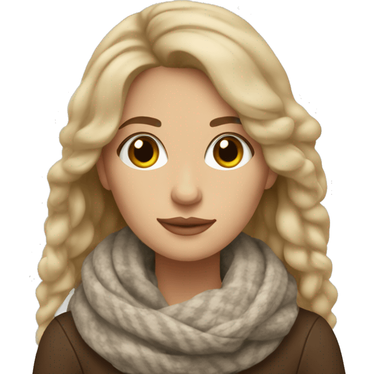 Dark blonde hair woman with brown eyes cozy scarf with coffee emoji