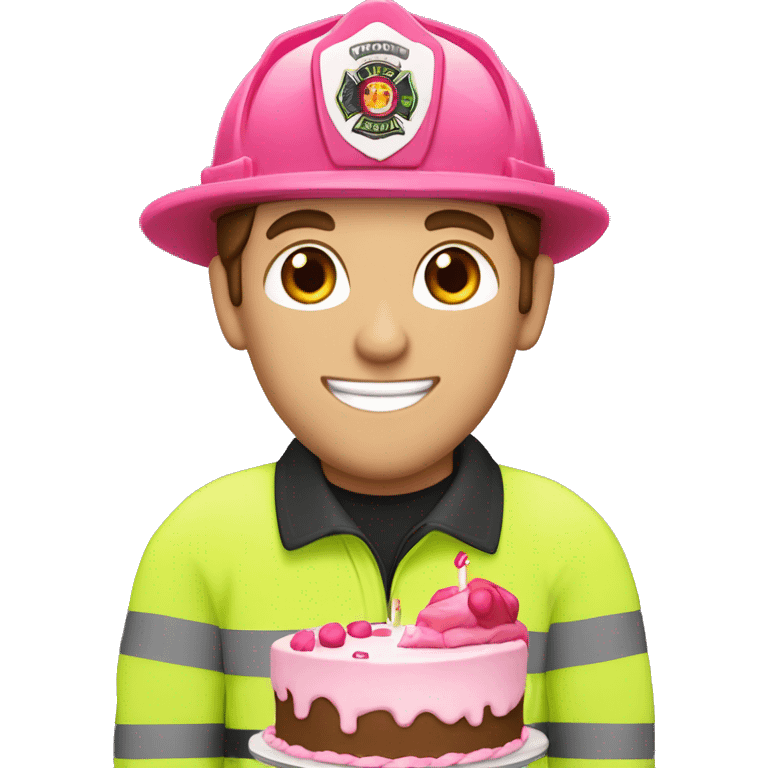 Caucasion male Firefighter with brown hair eating pink birthday cake emoji