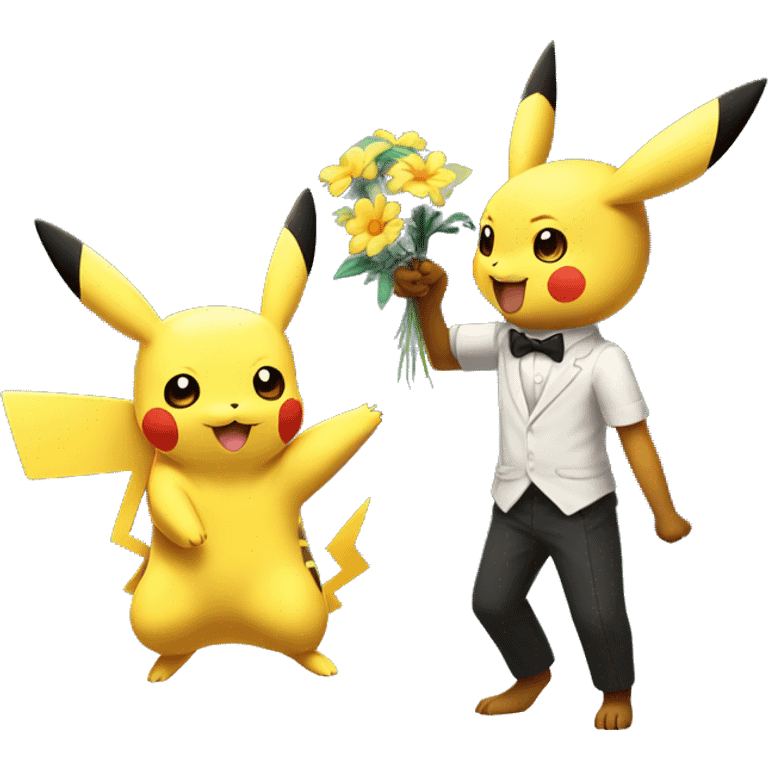 Pikachu giving flower to evee dancing and married with umbreon emoji