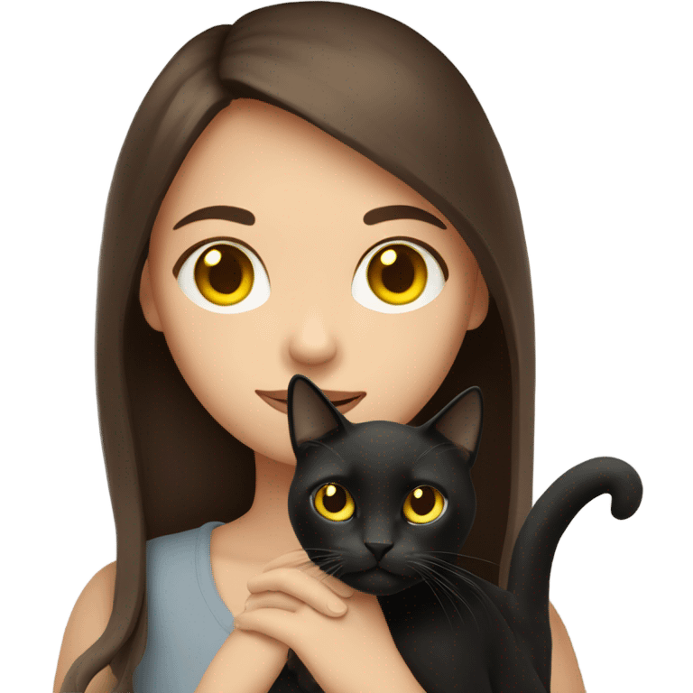 A girl with white skin, mid long brown hair, holding a black cat in her arms with yellow eyes emoji