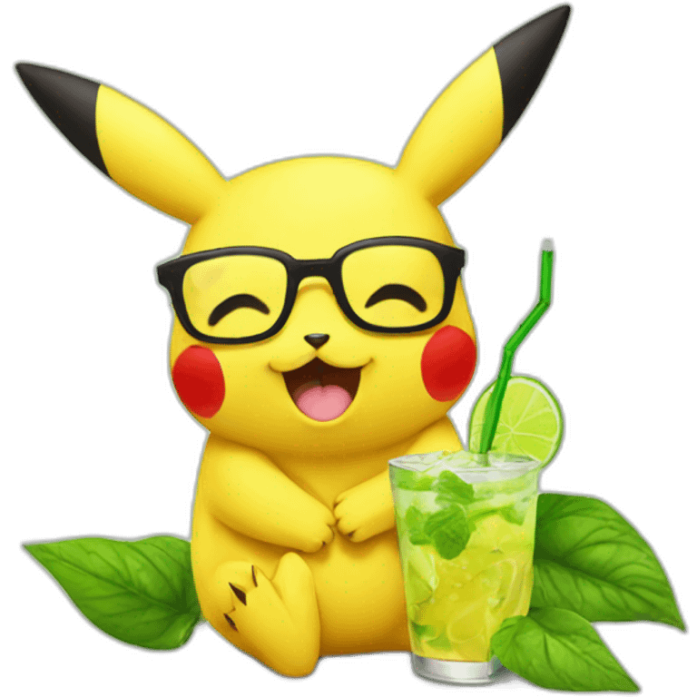 sick pikachu with glasses drinking mojito emoji