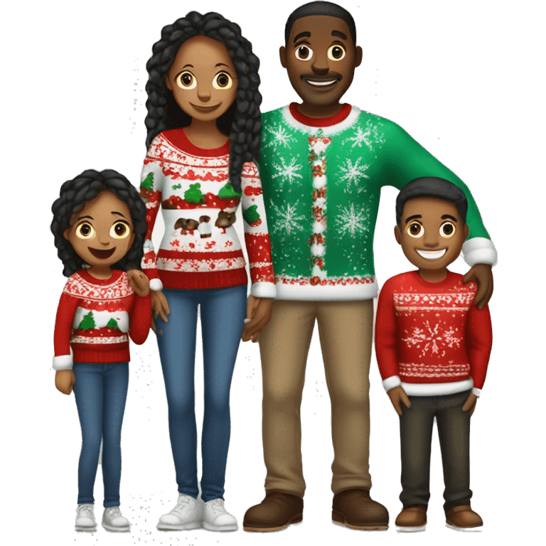 Black family of four members with Dad, Mom, Son, and Daughter. The Son and Daughter are teenagers. The Mom has braids. The Dad is light skinned.All family members are wearing Christmas sweaters and Santa hats.  emoji