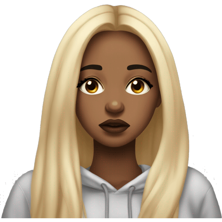 Sad tears in her eyes crying, Beautiful black woman with long waste length blonde hair , in a cozy sweatsuit in, girl wearing makeup long lashes thick glossy lips. she is crying, she is sad  emoji