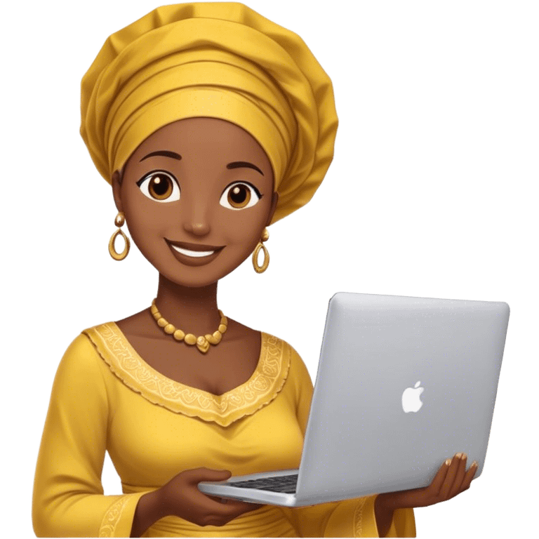 AFRICAN mother wearing gele, smiling, holding laptop on hand emoji