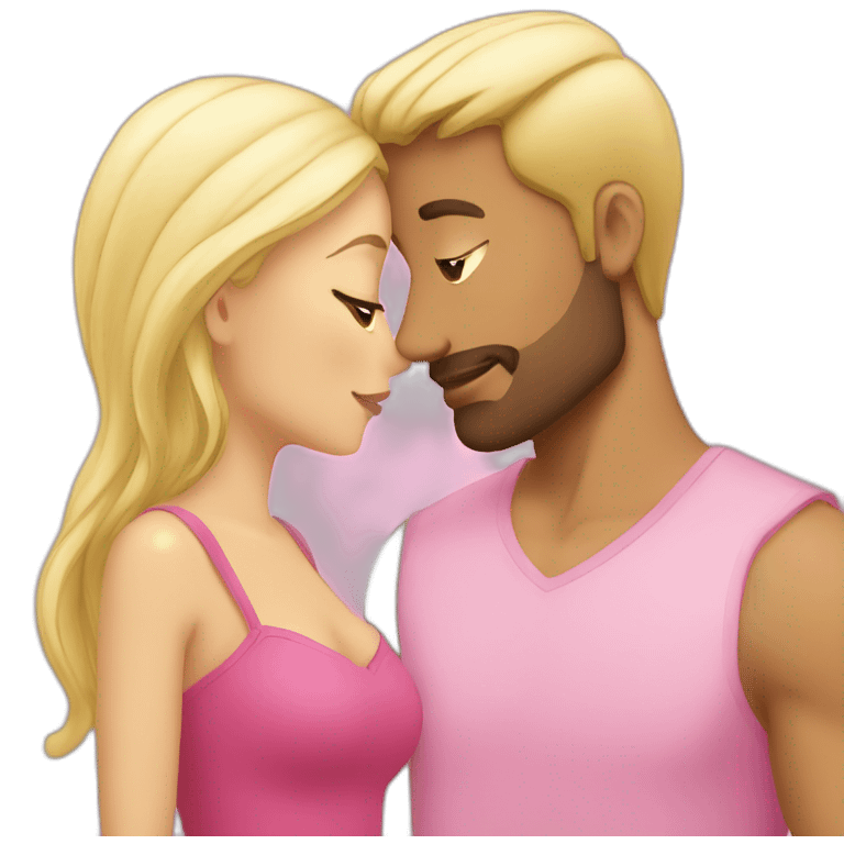 Blond woman in pink kissing brunette man without beard emoji